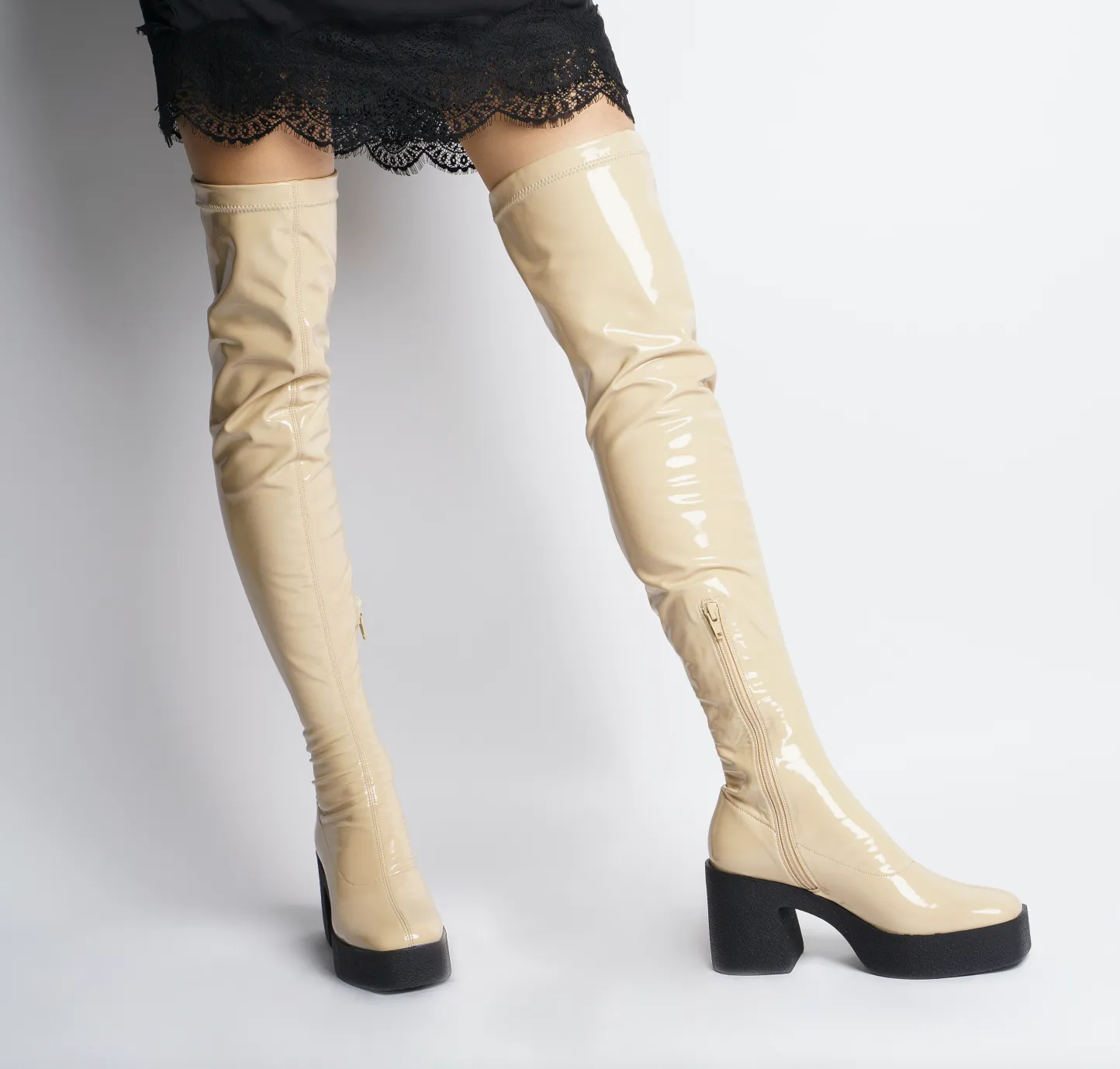 Yoshi Beige Thigh-High Stretch Patent Boots